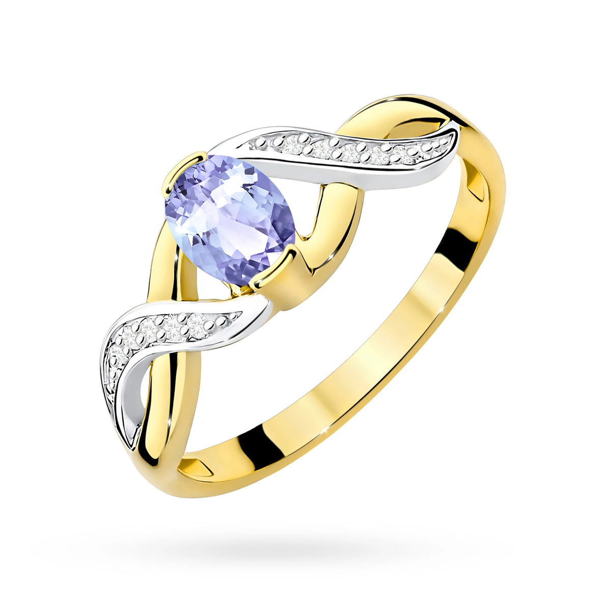 Prsteň nekonečna zo žltého 14k zlata s oválnym tanzanitom 0,40 ct a diamantmi 0,05 ct