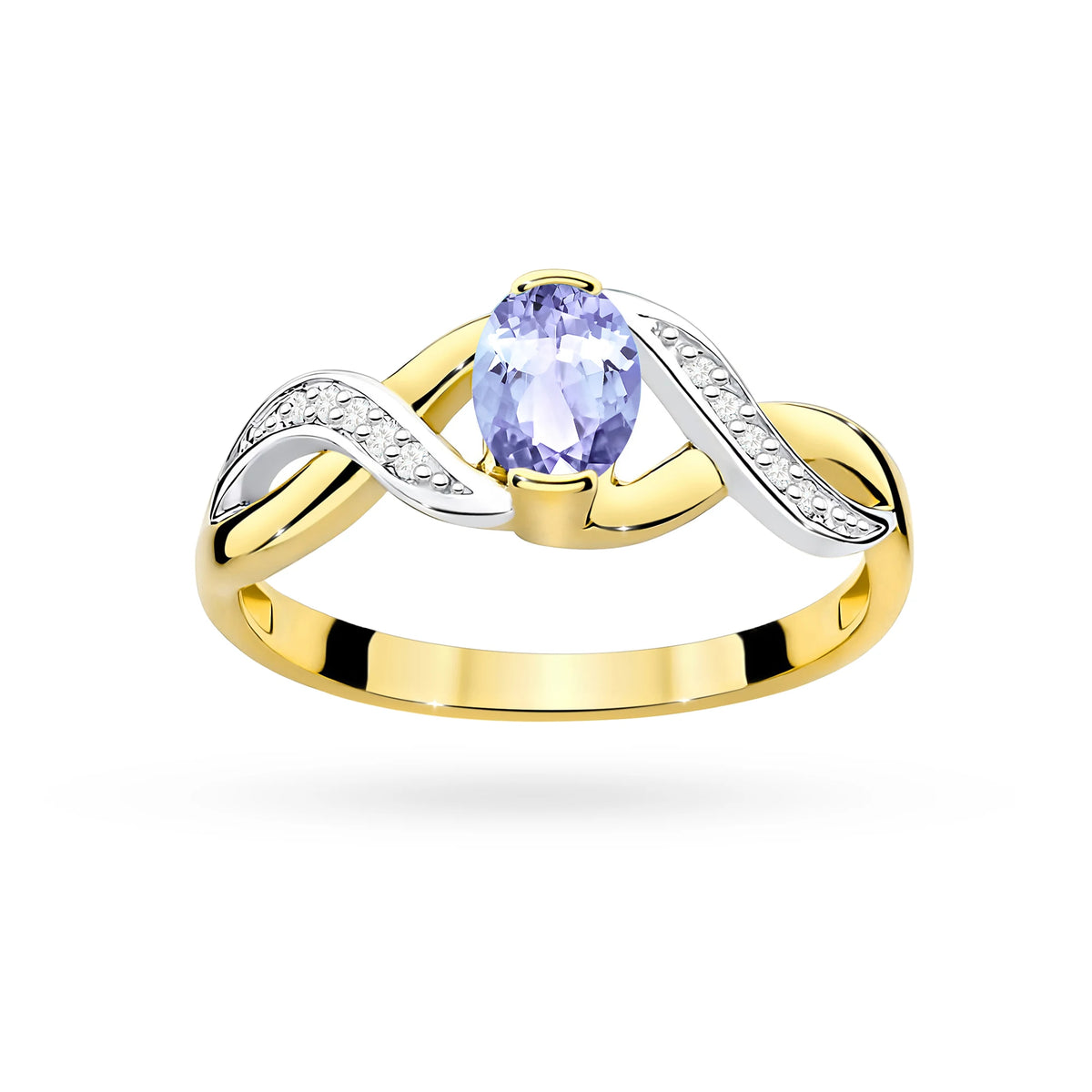 Prsteň nekonečna zo žltého 14k zlata s oválnym tanzanitom 0,40 ct a diamantmi 0,05 ct