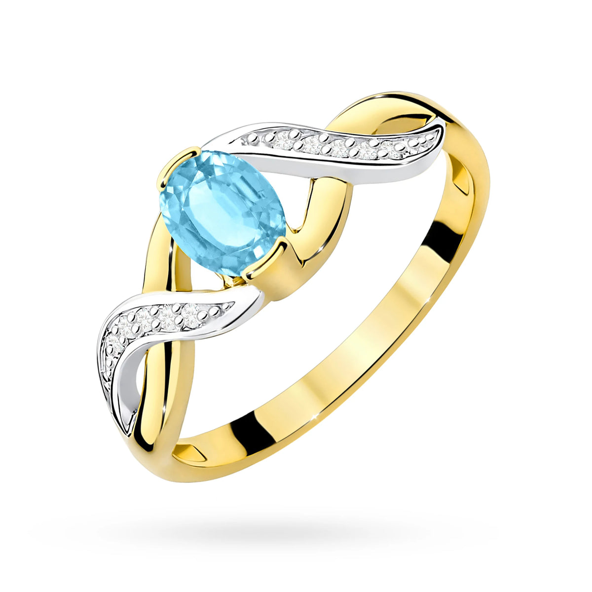 Prsteň nekonečna zo žltého 14k zlata s oválnym topásom Swiss Blue 0,50 ct a diamantmi 0,05 ct