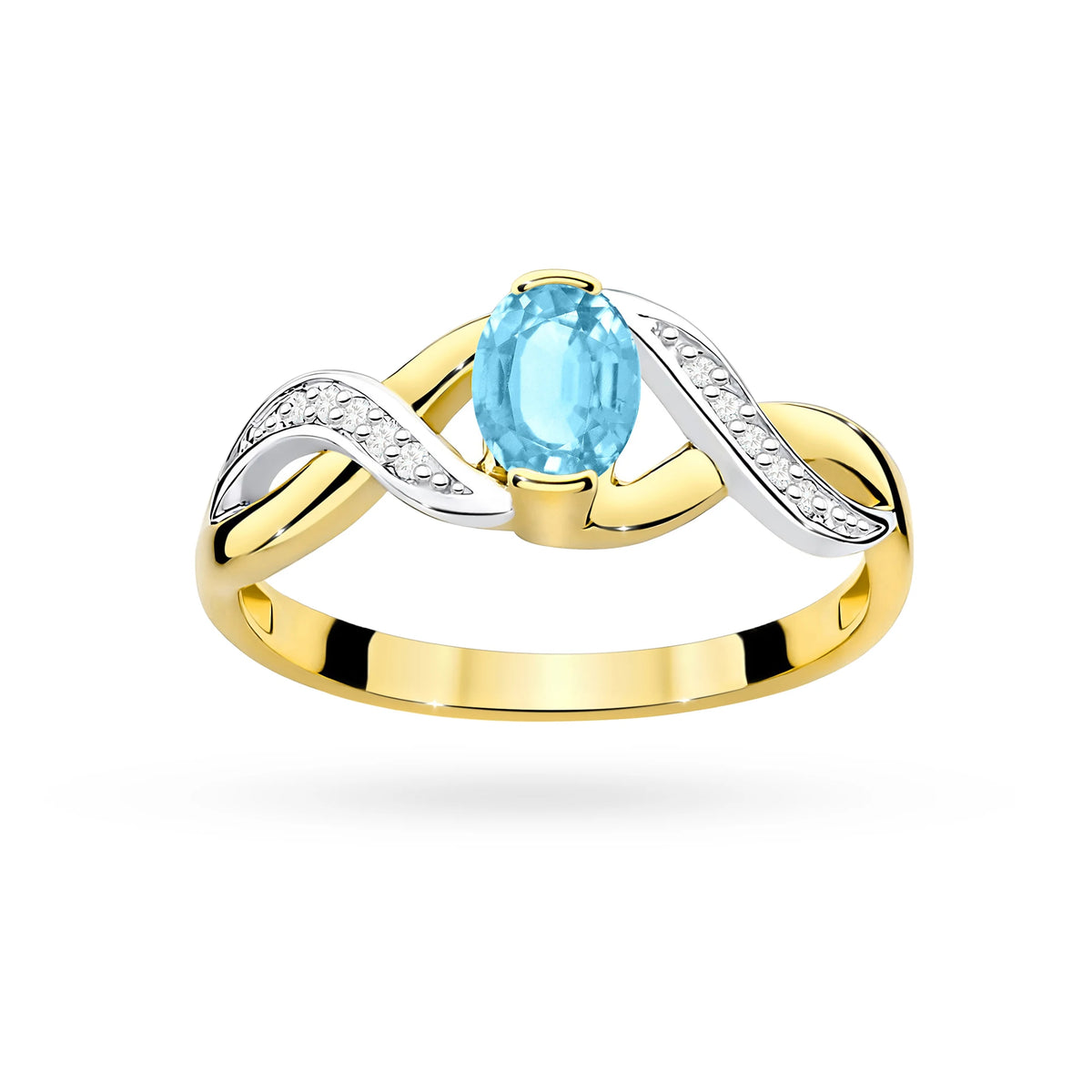 Prsteň nekonečna zo žltého 14k zlata s oválnym topásom Swiss Blue 0,50 ct a diamantmi 0,05 ct