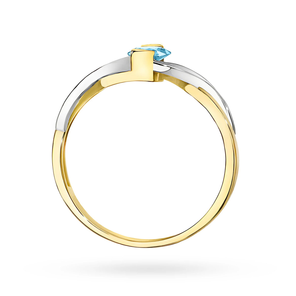 Prsteň nekonečna zo žltého 14k zlata s oválnym topásom Swiss Blue 0,50 ct a diamantmi 0,05 ct