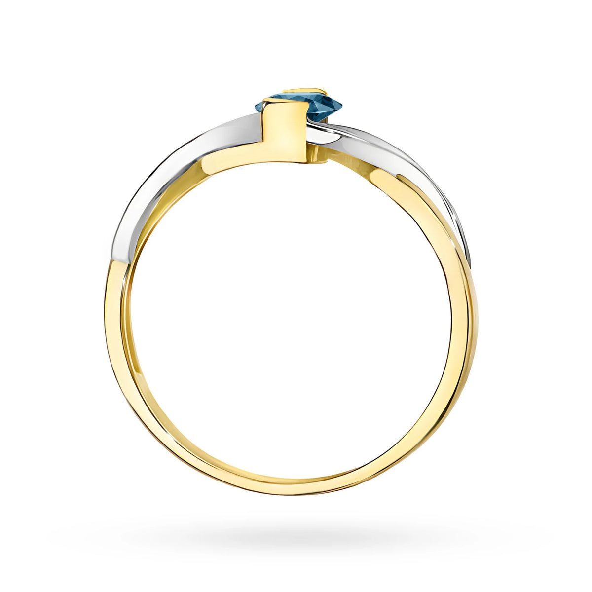 Prsteň nekonečna zo žltého 14k zlata s oválnym topásom London Blue 0,50 ct a diamantmi 0,05 ct