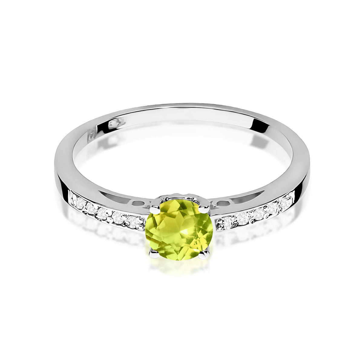 Prsteň z bieleho zlata s 0,60 ct olivínom a 0,05 ct diamantmi