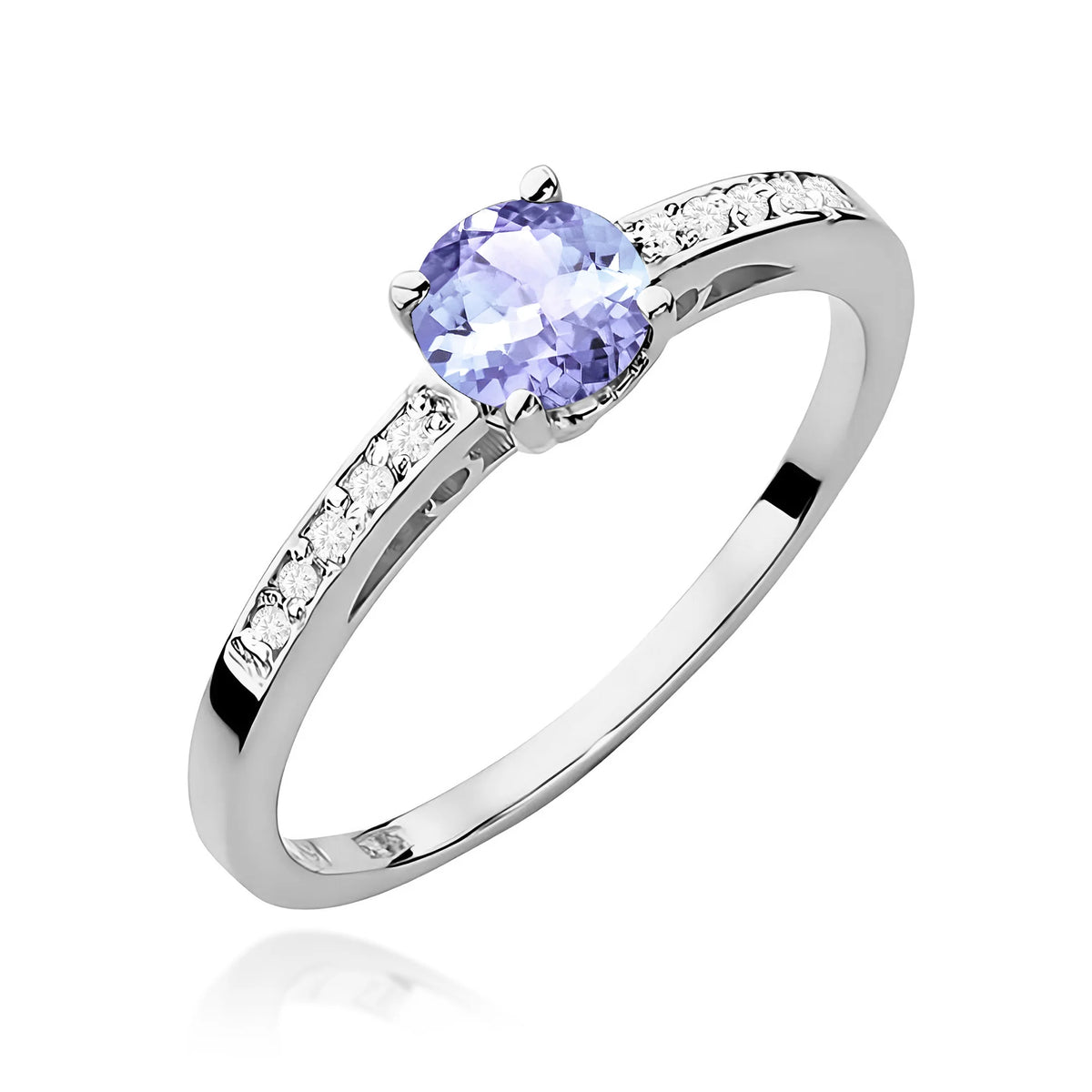 Prsteň z bieleho 14k zlata s diamantmi na ramenách prsteňa s tanzanitom 0,50 ct a diamantmi 0,05 ct