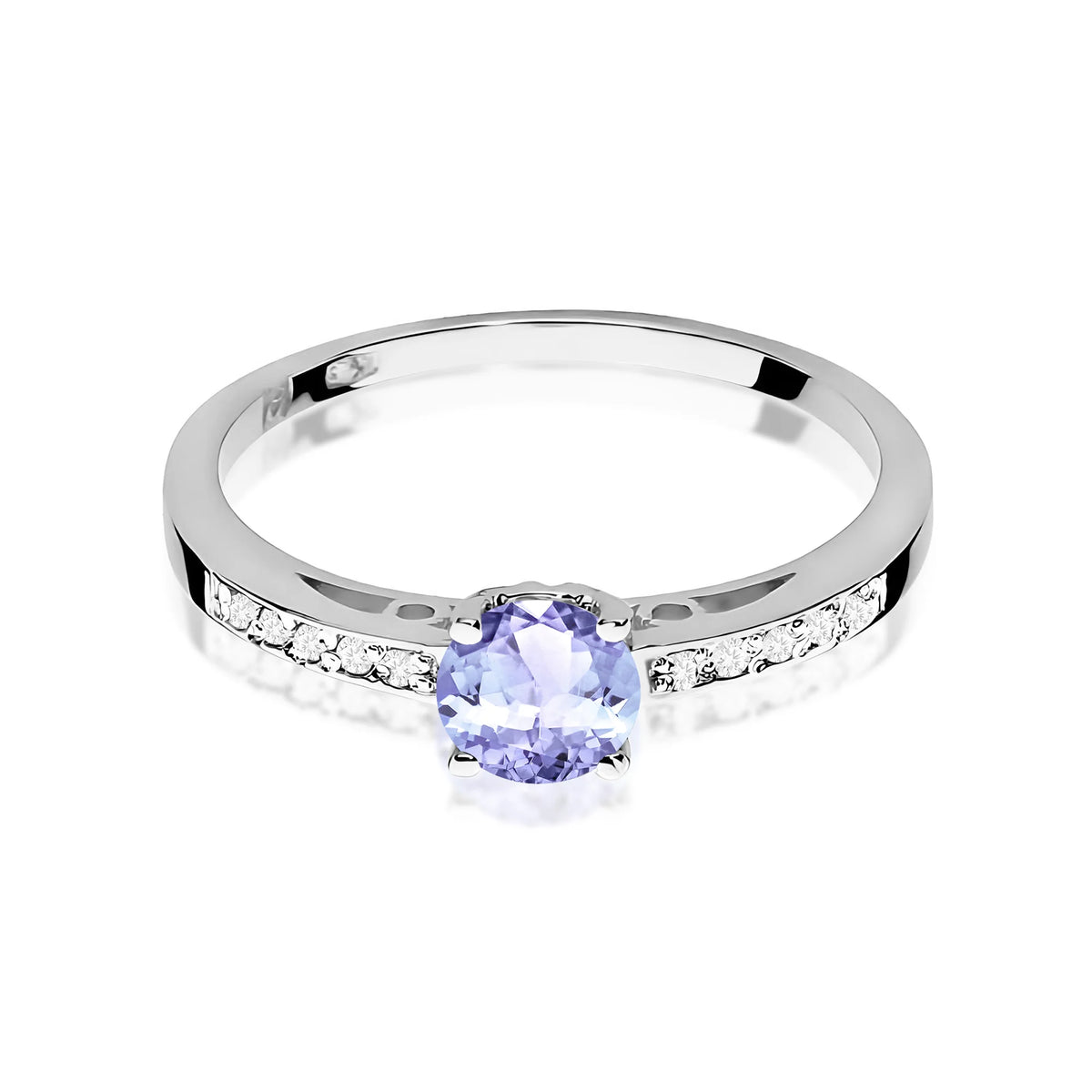 Prsteň z bieleho 14k zlata s diamantmi na ramenách prsteňa s tanzanitom 0,50 ct a diamantmi 0,05 ct