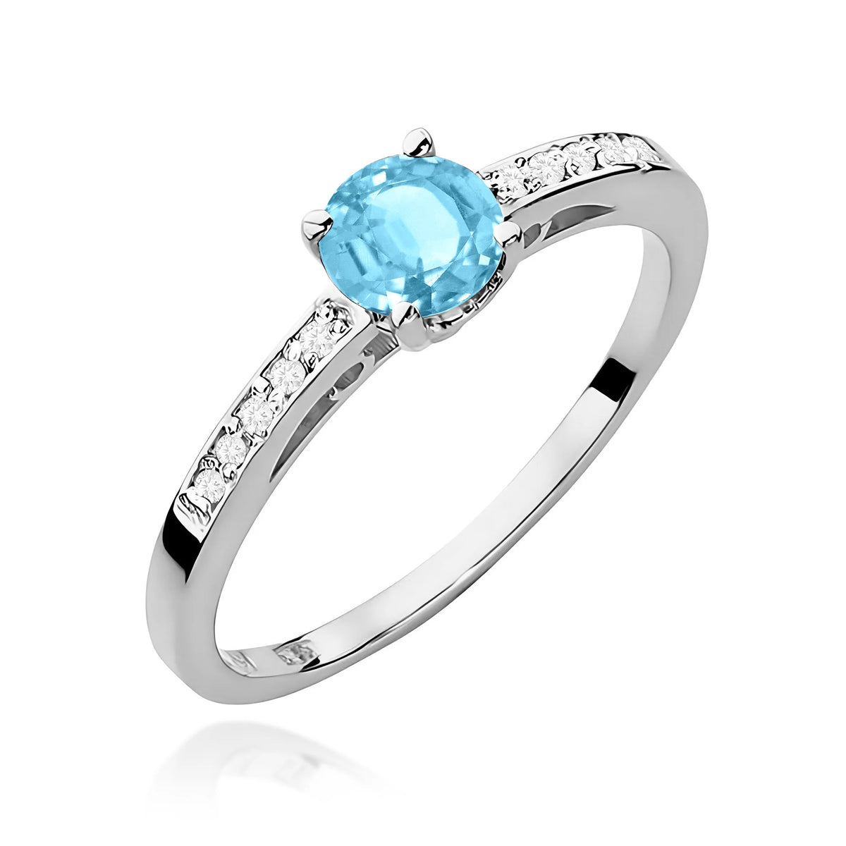 Prsteň z bieleho 14k zlata s diamantmi na ramenách prsteňa s topásom Swiss Blue 0,50 ct a diamantmi 0,05 ct
