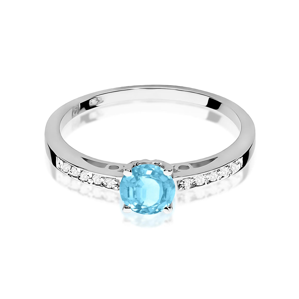 Prsteň z bieleho 14k zlata s diamantmi na ramenách prsteňa s topásom Swiss Blue 0,50 ct a diamantmi 0,05 ct