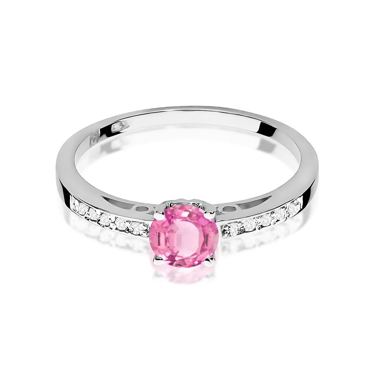 Prsteň z bieleho 14k zlata s diamantmi na ramenách prsteňa s ružovým topásom 0,60 ct a diamantmi 0,05 ct