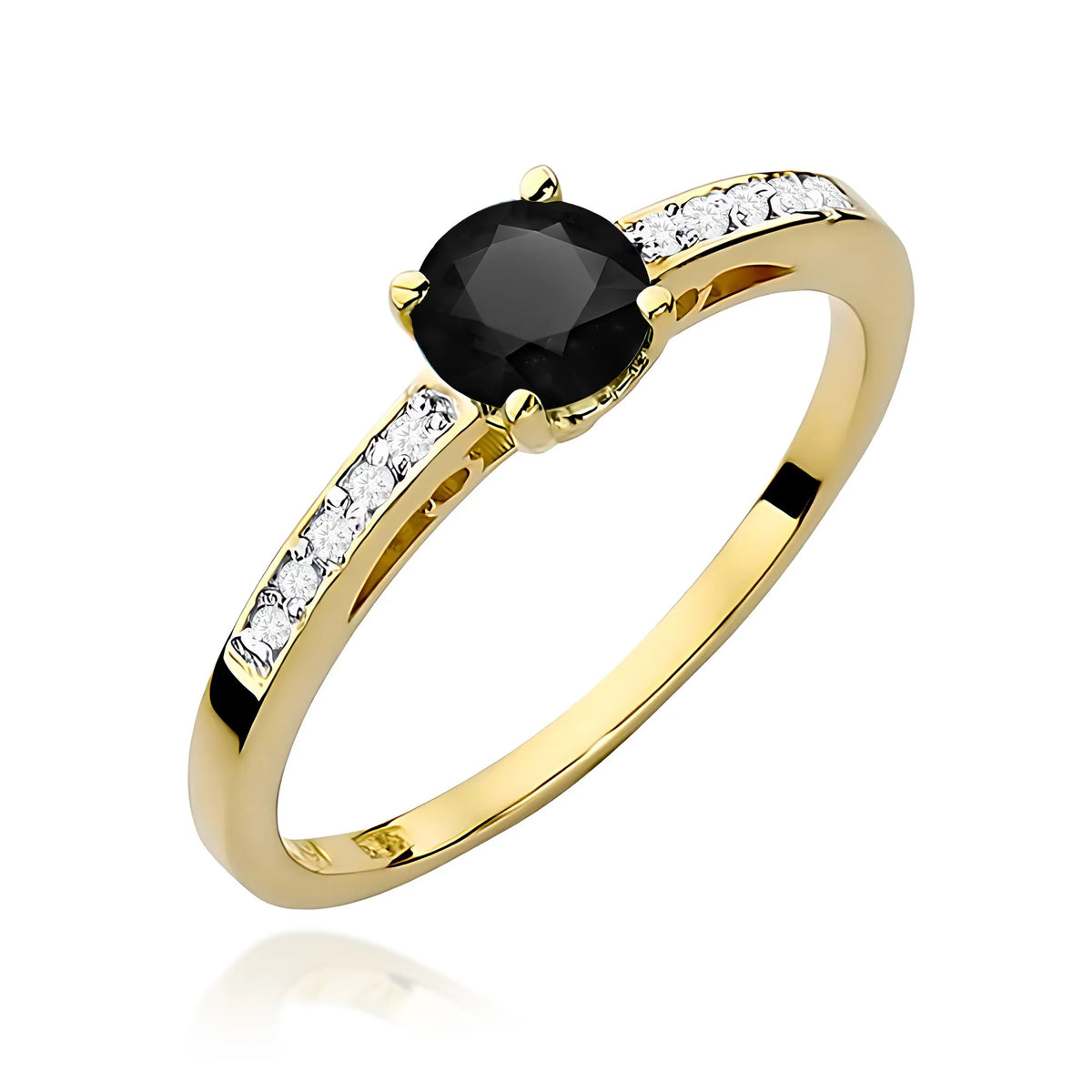 Prsteň zo žltého 14k zlata s diamantmi na ramenách prsteňa s čiernym diamantom 0,50 ct a diamantmi 0,05 ct
