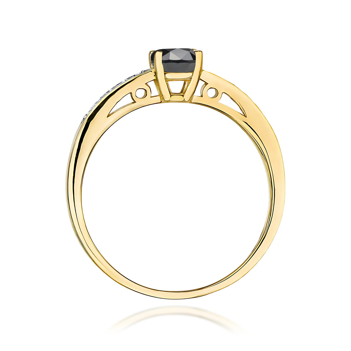 Prsteň zo žltého 14k zlata s diamantmi na ramenách prsteňa s čiernym diamantom 0,50 ct a diamantmi 0,05 ct