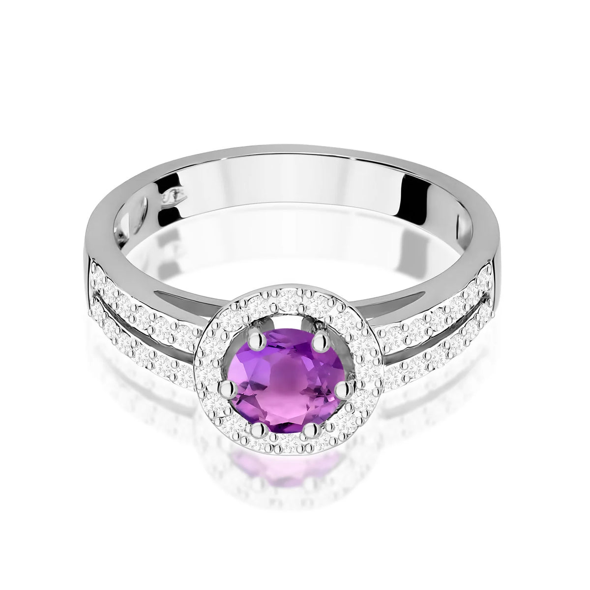 Pavé prsteň z bieleho 14k zlata s okrúhlym ametystom 0,50 ct a diamantmi 0,20 ct