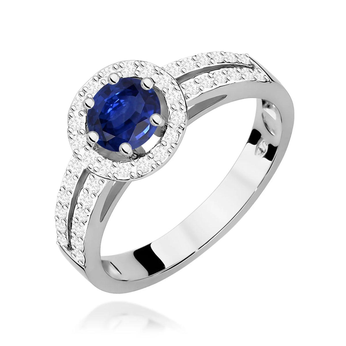 Pavé prsteň z bieleho 14k zlata s okrúhlym modrým zafírom 0,50 ct a diamantmi 0,20 ct