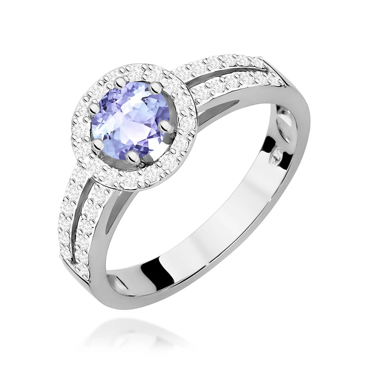 Pavé prsteň z bieleho 14k zlata s okrúhlym tanzanitom 0,50 ct a diamantmi 0,20 ct