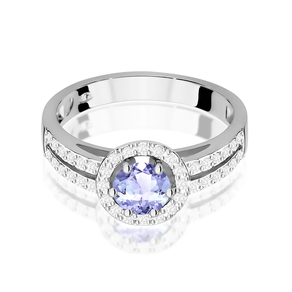 Pavé prsteň z bieleho 14k zlata s okrúhlym tanzanitom 0,50 ct a diamantmi 0,20 ct