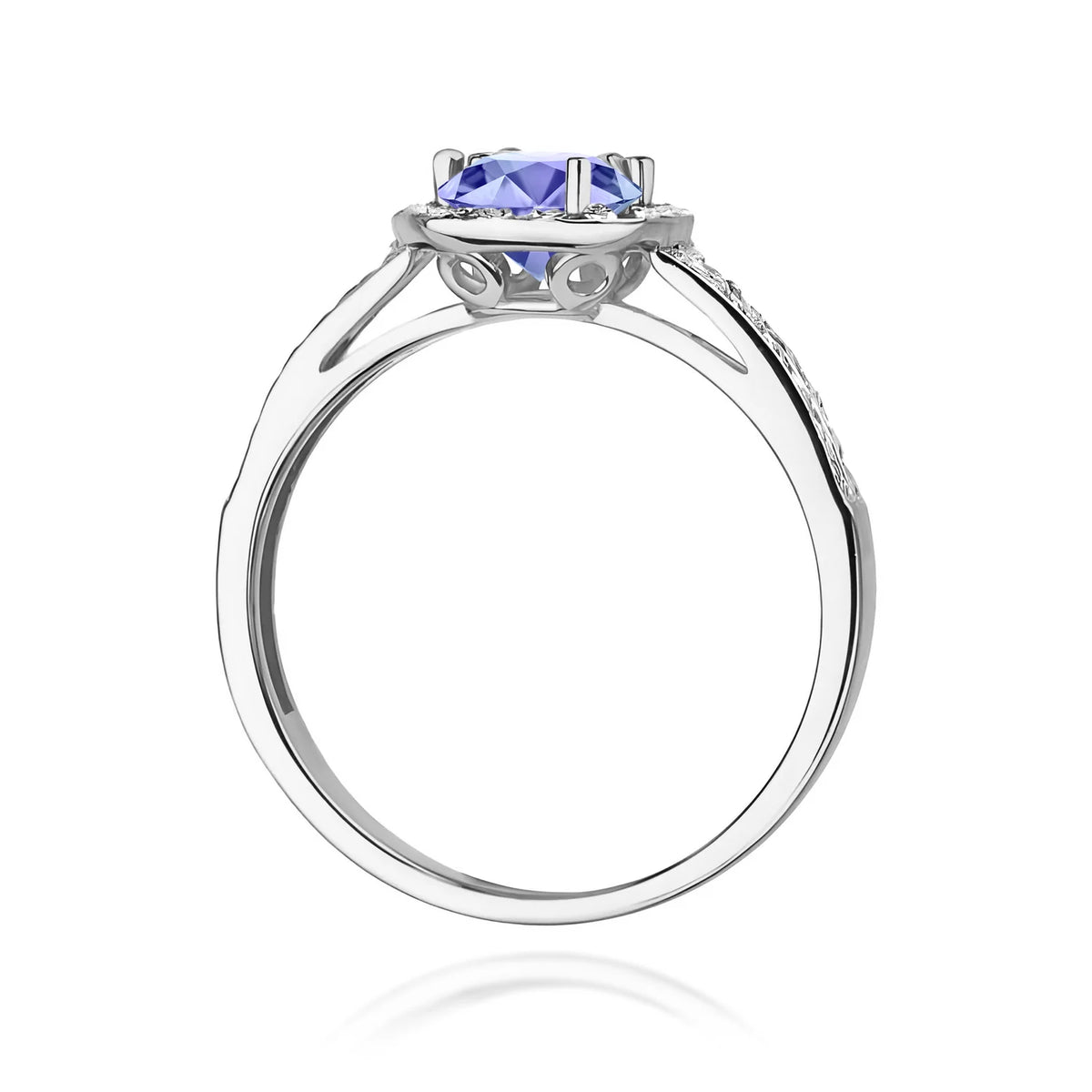 Pavé prsteň z bieleho 14k zlata s okrúhlym tanzanitom 0,50 ct a diamantmi 0,20 ct