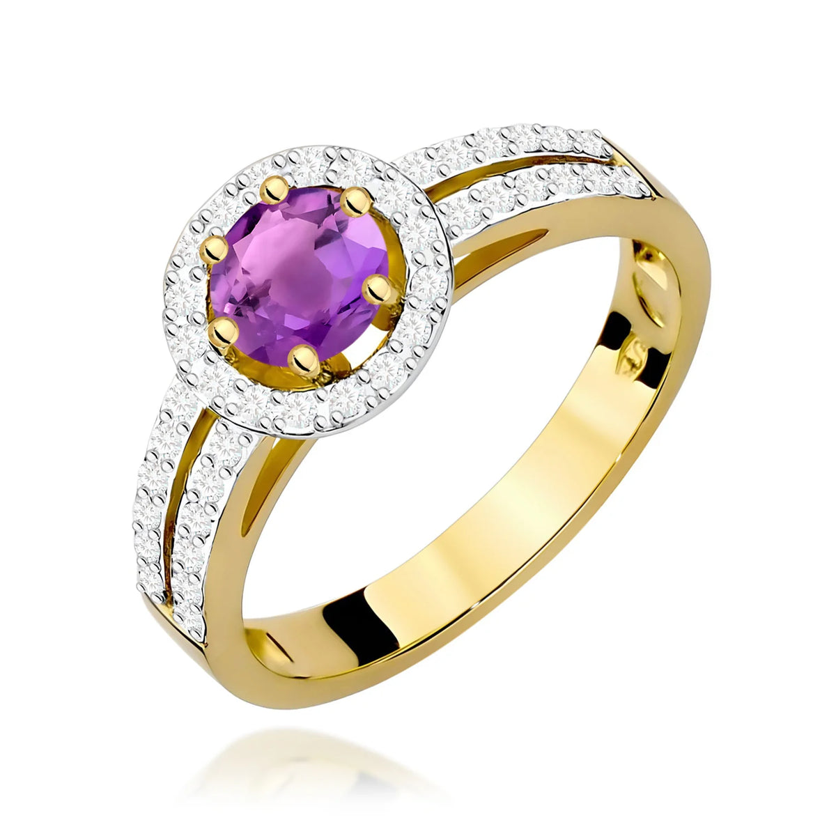 Pavé prsteň zo žltého 14k zlata s okrúhlym ametystom 0,50 ct a diamantmi 0,20 ct