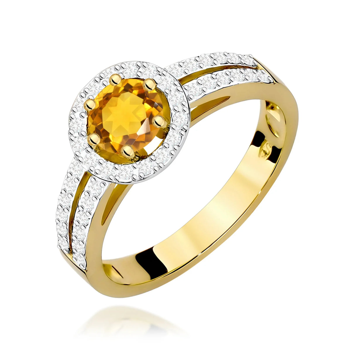 Pavé prsteň zo žltého 14k zlata s okrúhlym citrínom 0,50 ct a diamantmi 0,20 ct