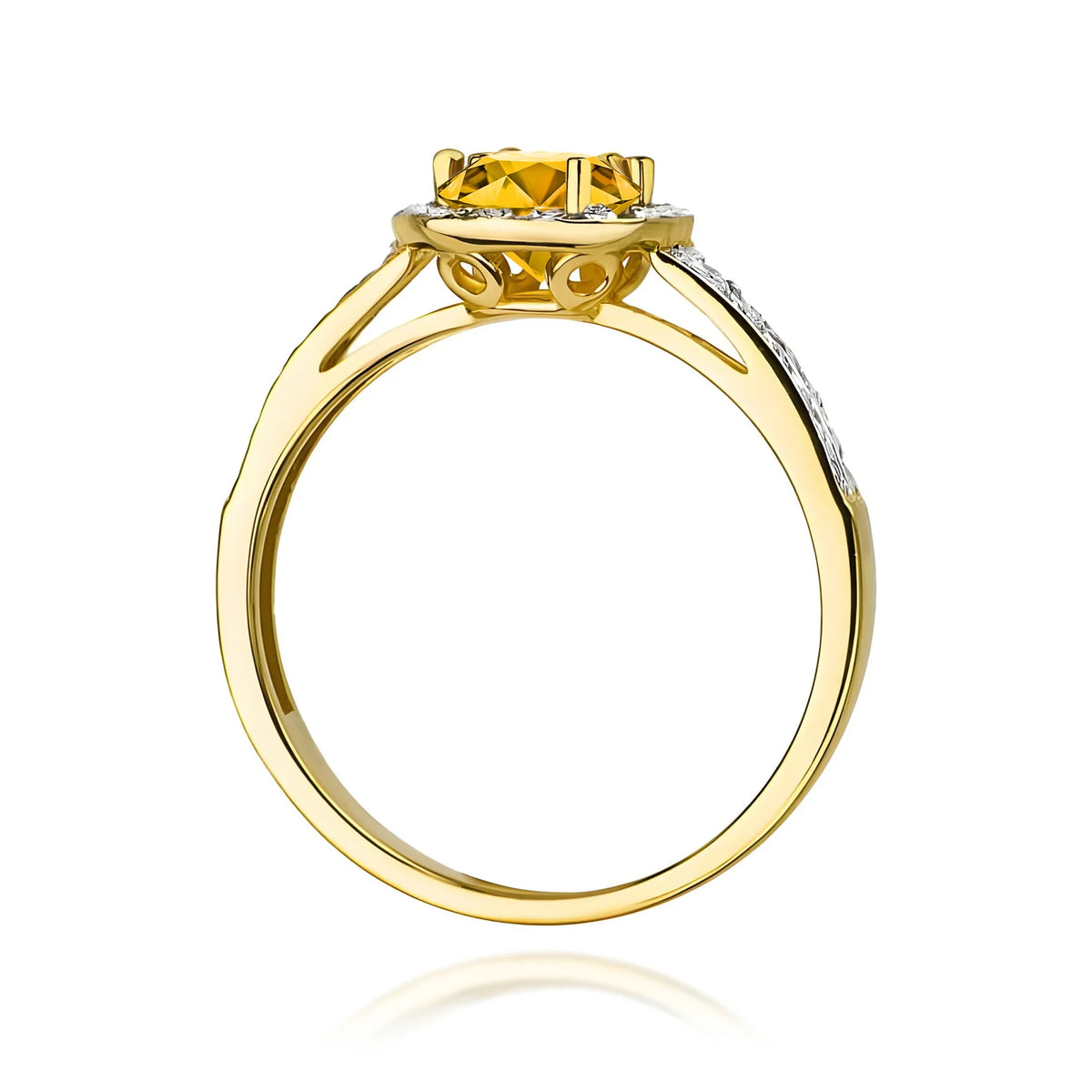 Pavé prsteň zo žltého 14k zlata s okrúhlym citrínom 0,50 ct a diamantmi 0,20 ct