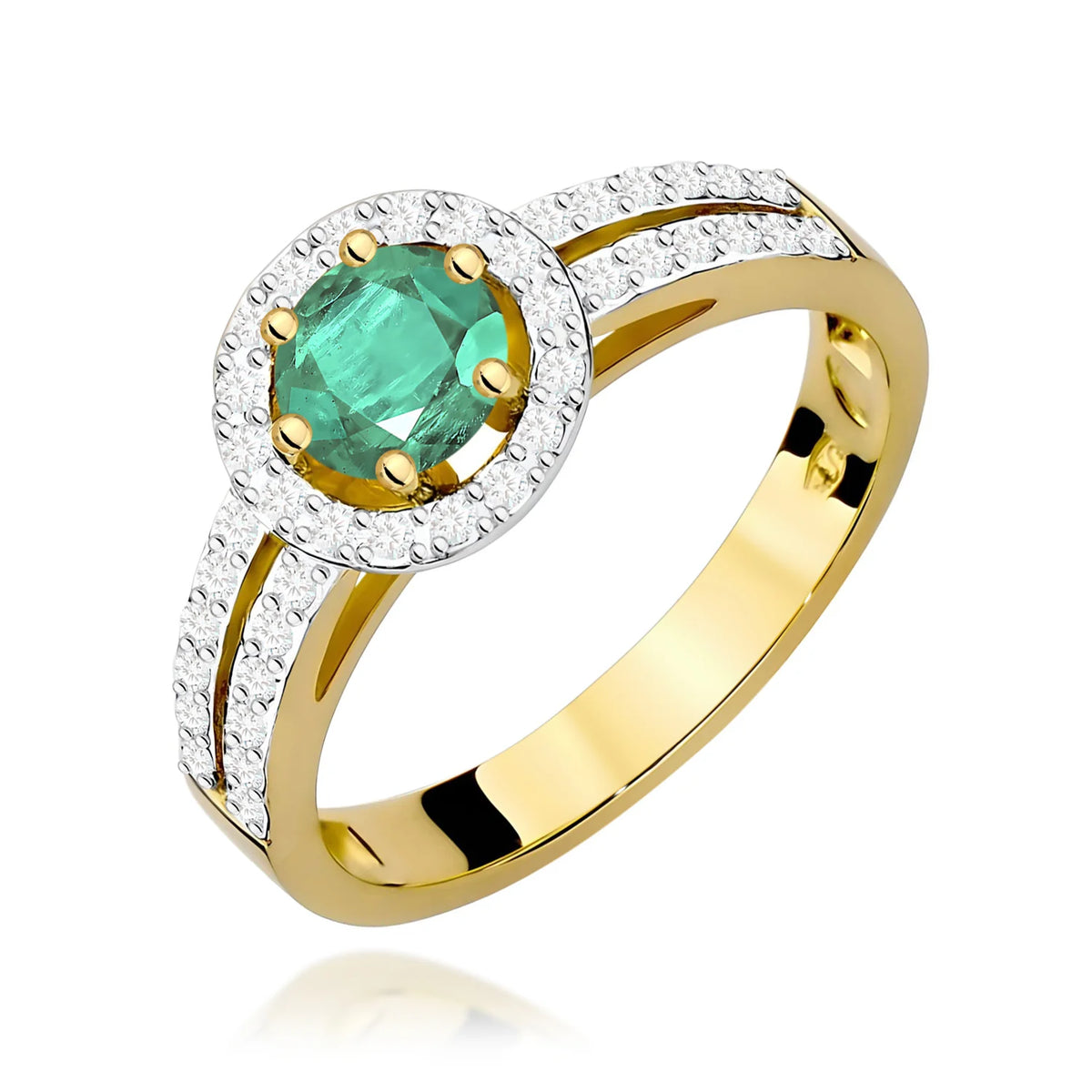 Pavé prsteň zo žltého 14k zlata s okrúhlym smaragdom 0,50 ct a diamantmi 0,20 ct