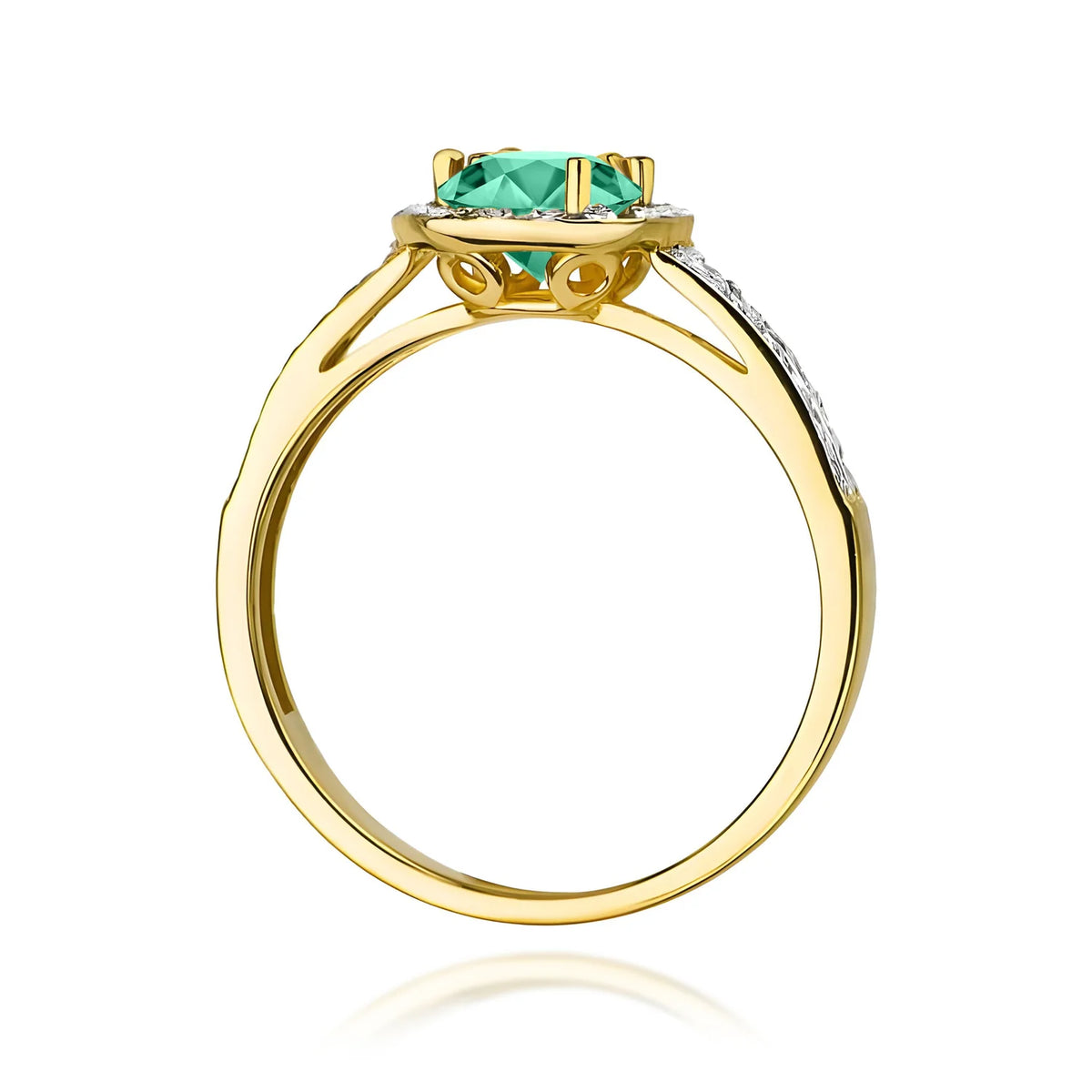 Pavé prsteň zo žltého 14k zlata s okrúhlym smaragdom 0,50 ct a diamantmi 0,20 ct