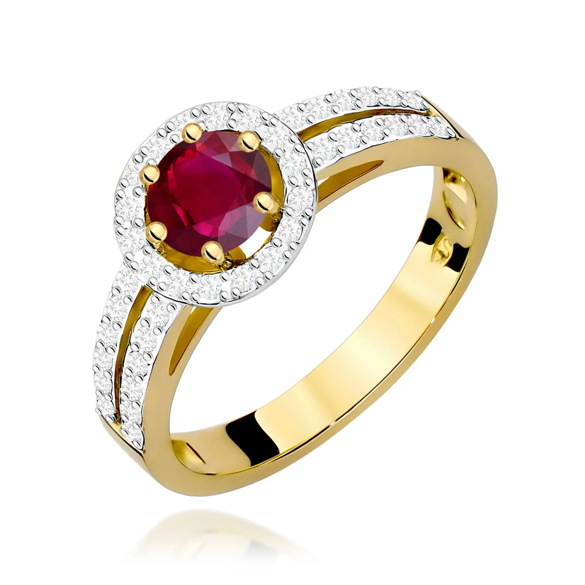 Halo prsteň zo žltého 14k zlata s okrúhlym rubínom 0,60 ct a diamantmi 0,2 ct