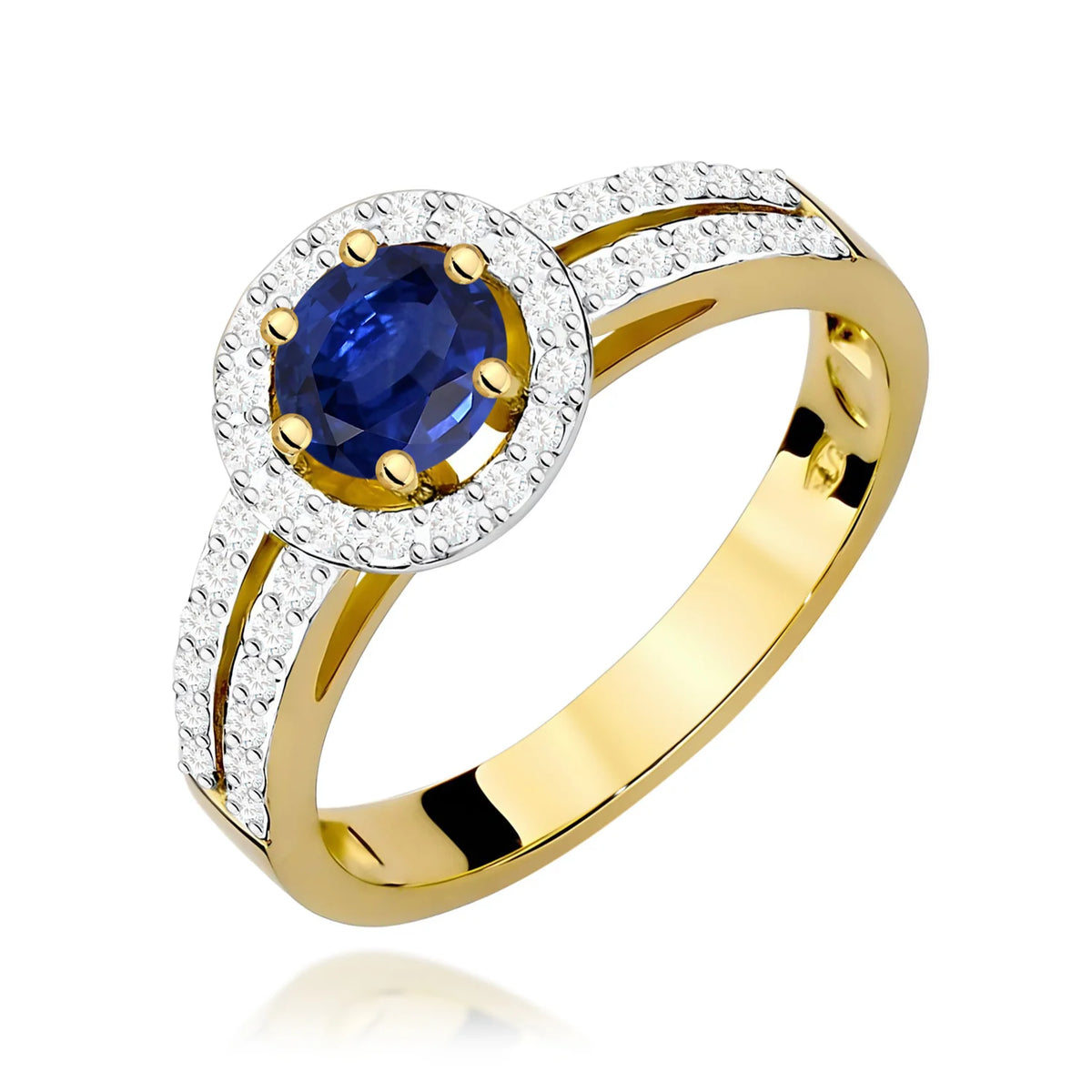 Pavé prsteň zo žltého 14k zlata s okrúhlym modrým zafírom 0,50 ct a diamantmi 0,20 ct
