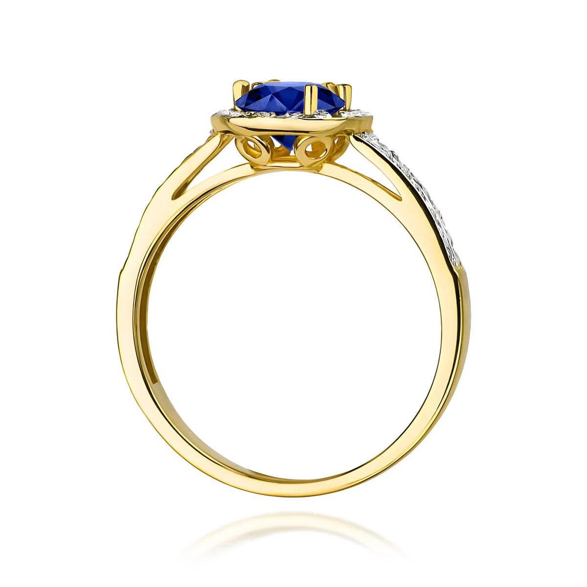 Pavé prsteň zo žltého 14k zlata s okrúhlym modrým zafírom 0,50 ct a diamantmi 0,20 ct