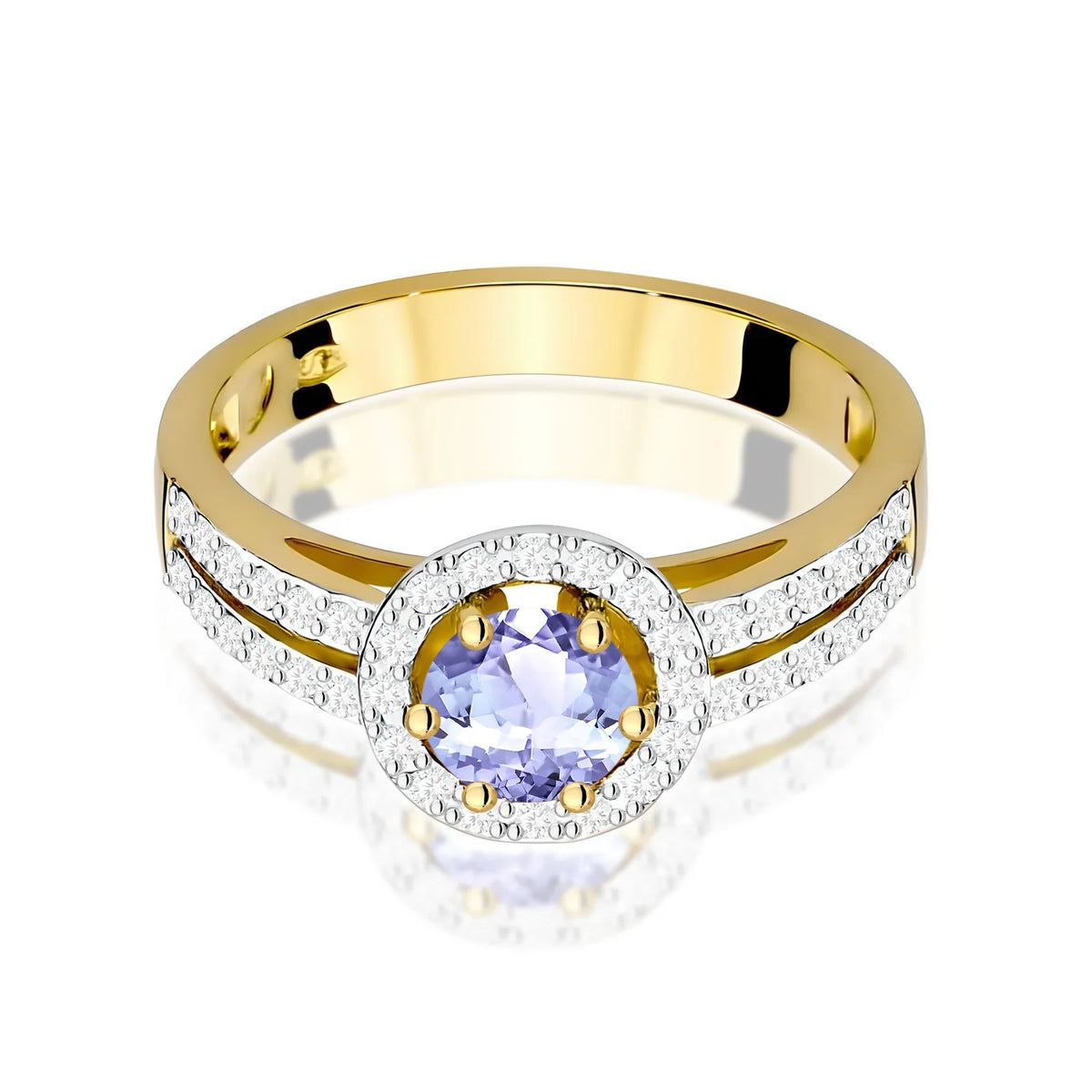 Pavé prsteň zo žltého 14k zlata s okrúhlym tanzanitom 0,50 ct a diamantmi 0,20 ct