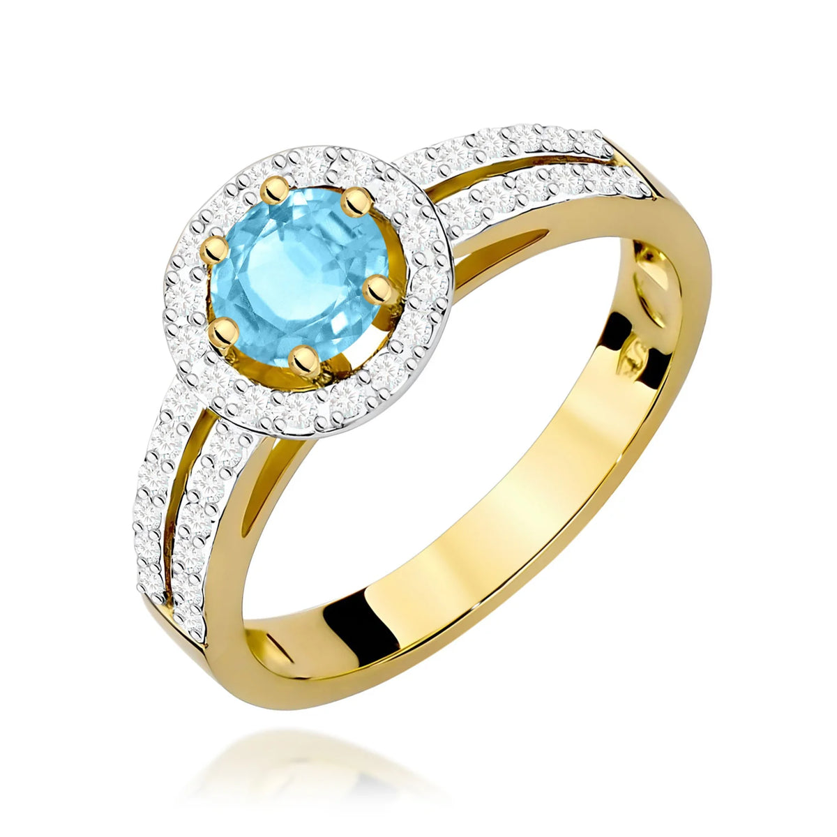 Pavé prsteň zo žltého 14k zlata s okrúhlym topásom Swiss Blue 0,50 ct a diamantmi 0,20 ct
