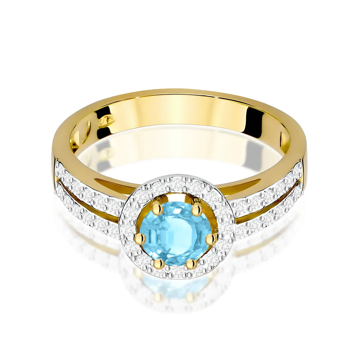 Pavé prsteň zo žltého 14k zlata s okrúhlym topásom Swiss Blue 0,50 ct a diamantmi 0,20 ct