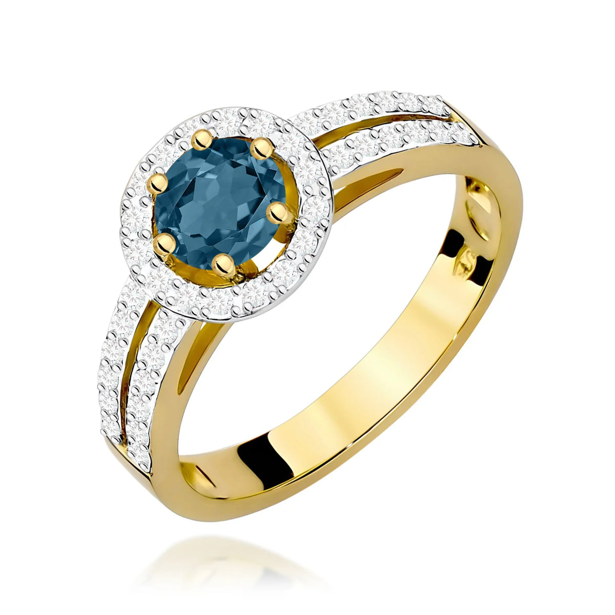 Pavé prsteň zo žltého 14k zlata s okrúhlym londýnskym modrým topásom 0,50 ct a diamantmi 0,20 ct