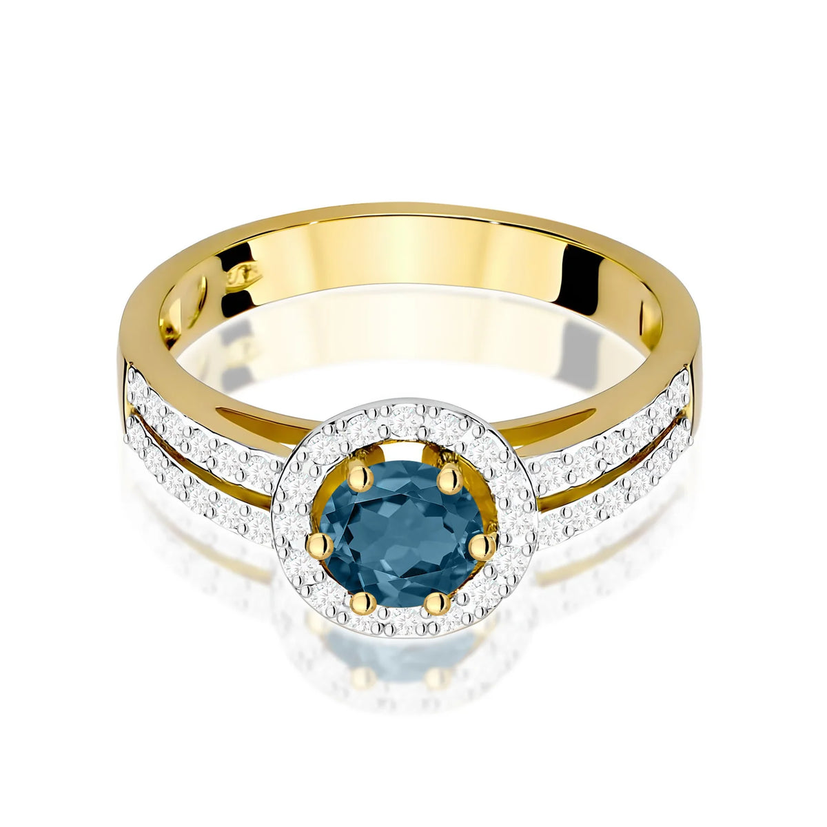 Pavé prsteň zo žltého 14k zlata s okrúhlym londýnskym modrým topásom 0,50 ct a diamantmi 0,20 ct