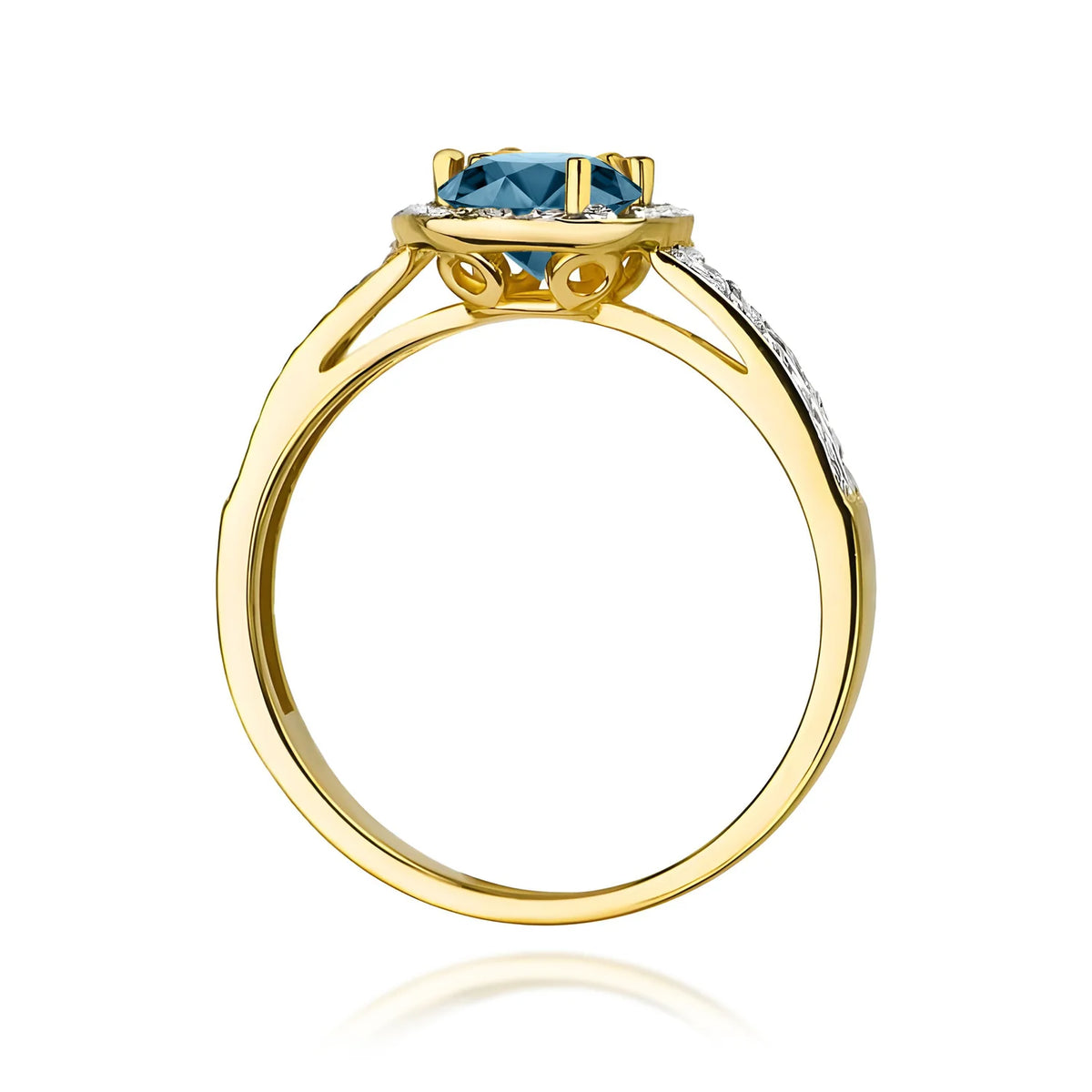 Pavé prsteň zo žltého 14k zlata s okrúhlym londýnskym modrým topásom 0,50 ct a diamantmi 0,20 ct