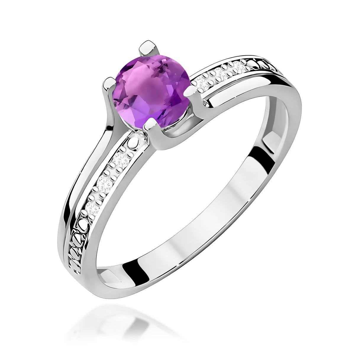 Halo prsteň z bieleho 14k zlata s okrúhlym ametystom 0,50 ct a diamantmi 0,03 ct