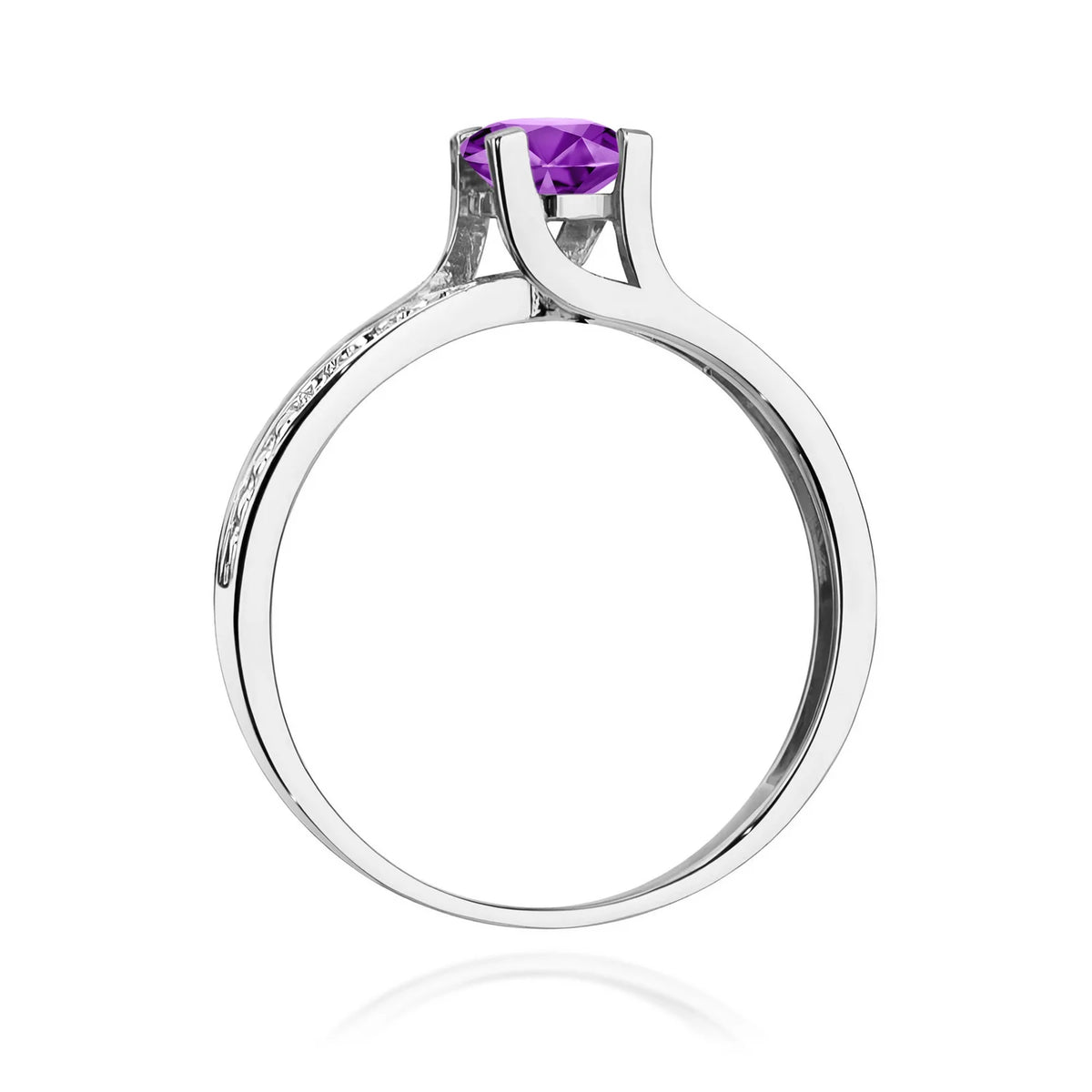 Halo prsteň z bieleho 14k zlata s okrúhlym ametystom 0,50 ct a diamantmi 0,03 ct