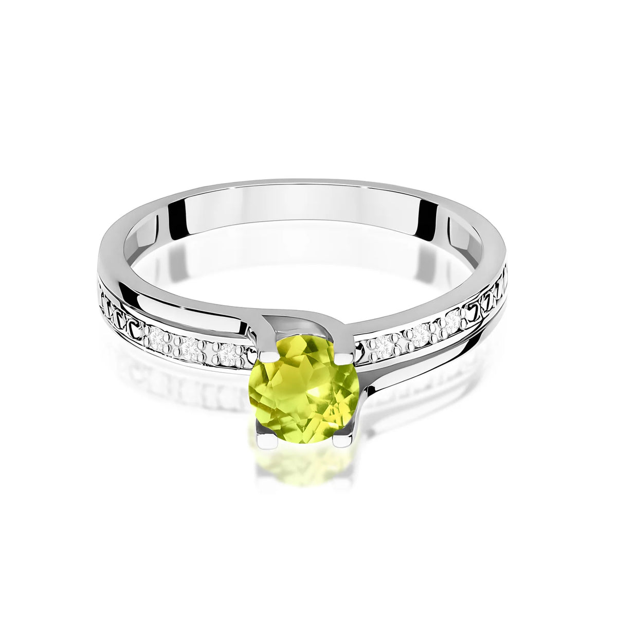 Prsteň z bieleho zlata s 0,60 ct olivínom a 0,03 ct diamantmi
