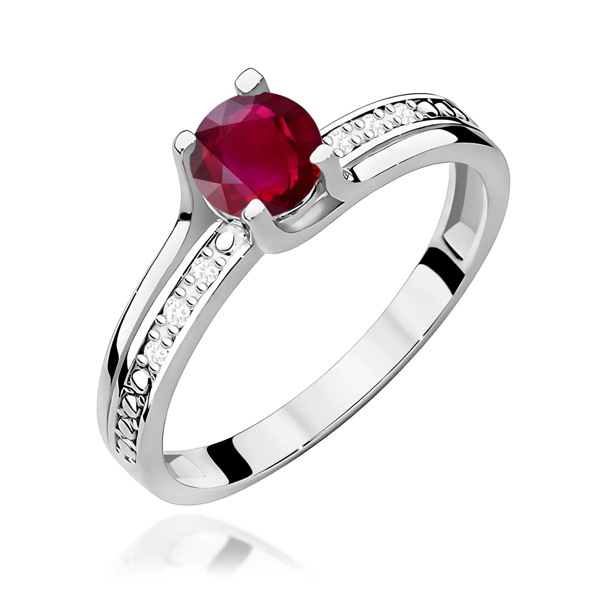 Halo prsteň z bieleho 14k zlata s okrúhlym rubínom 0,60 ct a diamantmi 0,03 ct