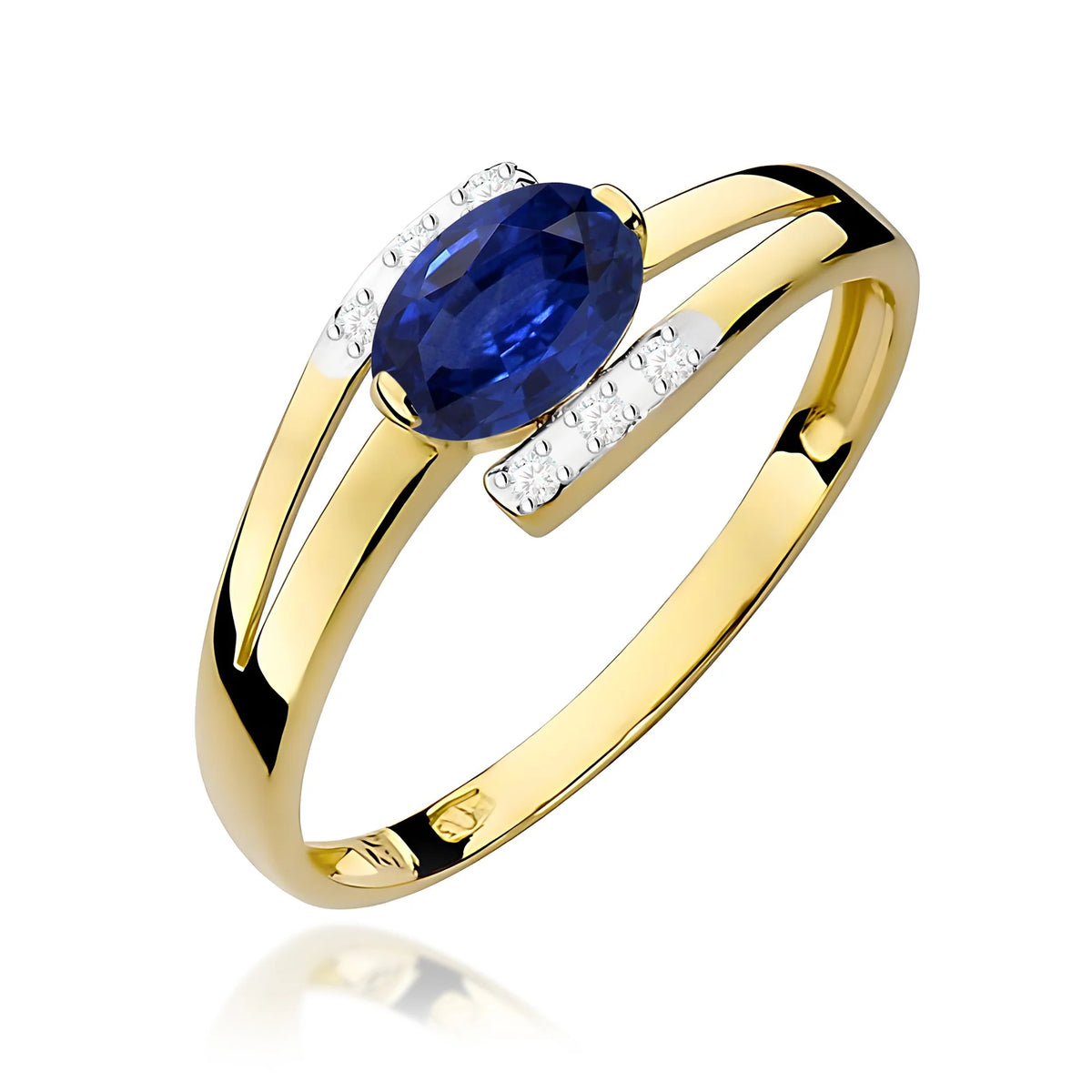 Prsteň zo žltého 14k zlata s oválnym modrým zafírom 0,70 ct a diamantmi 0,052 ct