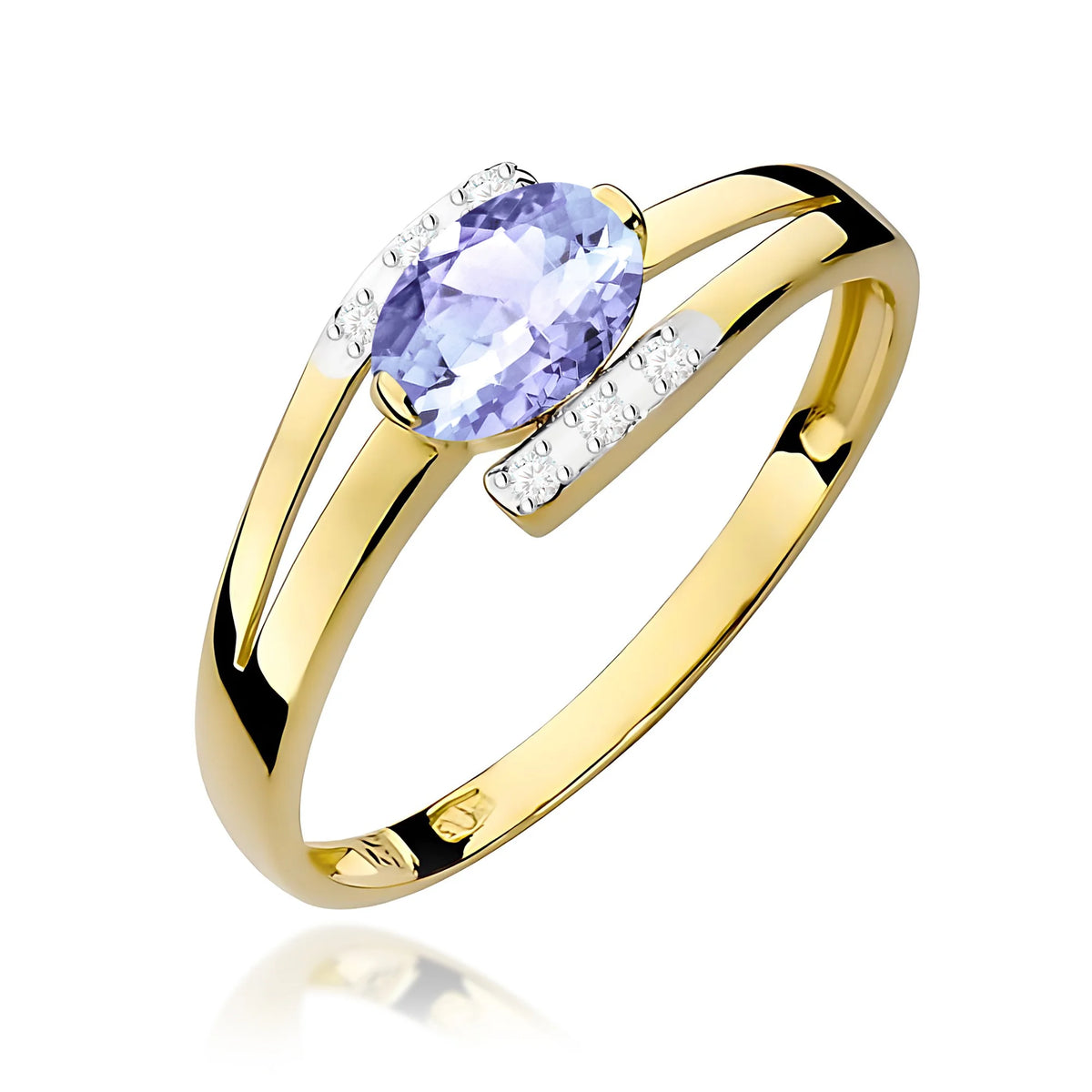 Prsteň zo žltého 14k zlata s oválnym tanzanitom 0,40 ct a diamantmi 0,052 ct