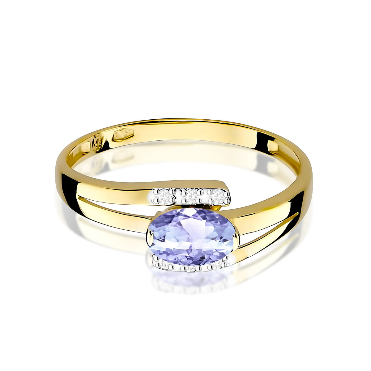Prsteň zo žltého 14k zlata s oválnym tanzanitom 0,40 ct a diamantmi 0,052 ct