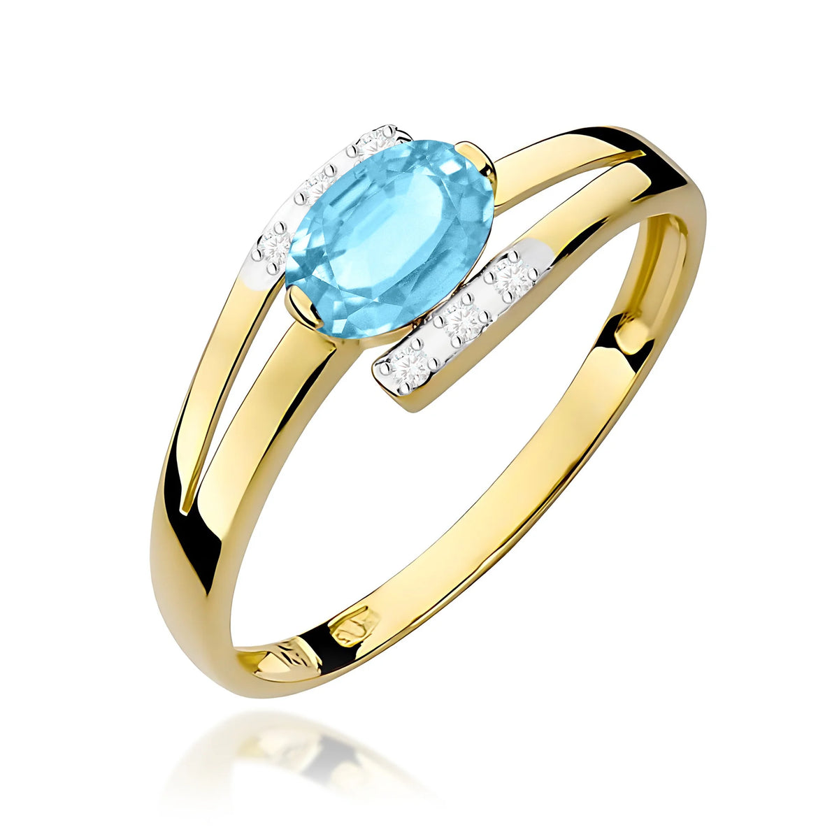 Prsteň s prekríženými ramenami zo žltého 14k zlata s oválnym topásom Swiss Blue 0,50 ct a diamantmi 0,052 ct
