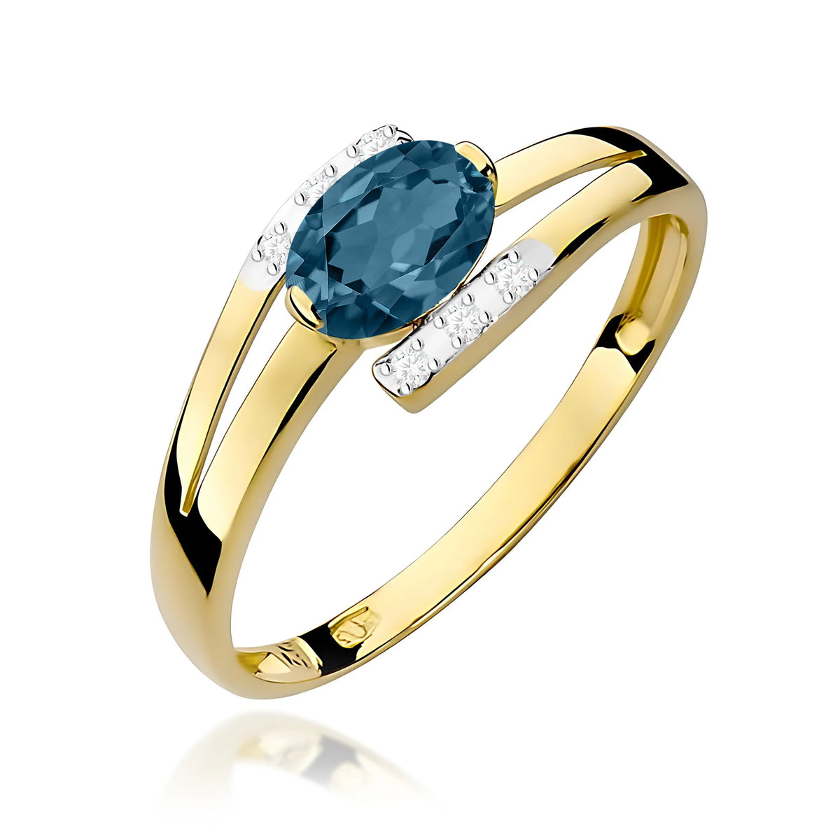 Prsteň s prekríženými ramenami zo žltého 14k zlata s oválnym topásom London Blue 0,50 ct a diamantmi 0,052 ct