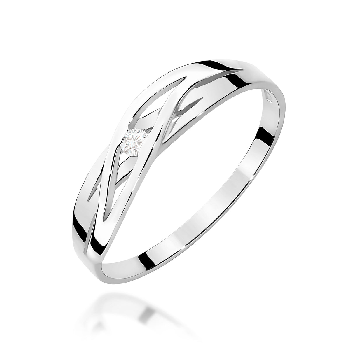 Prelamovaný prsteň z bieleho 14k zlata s okrúhlym diamantom 0,04 ct