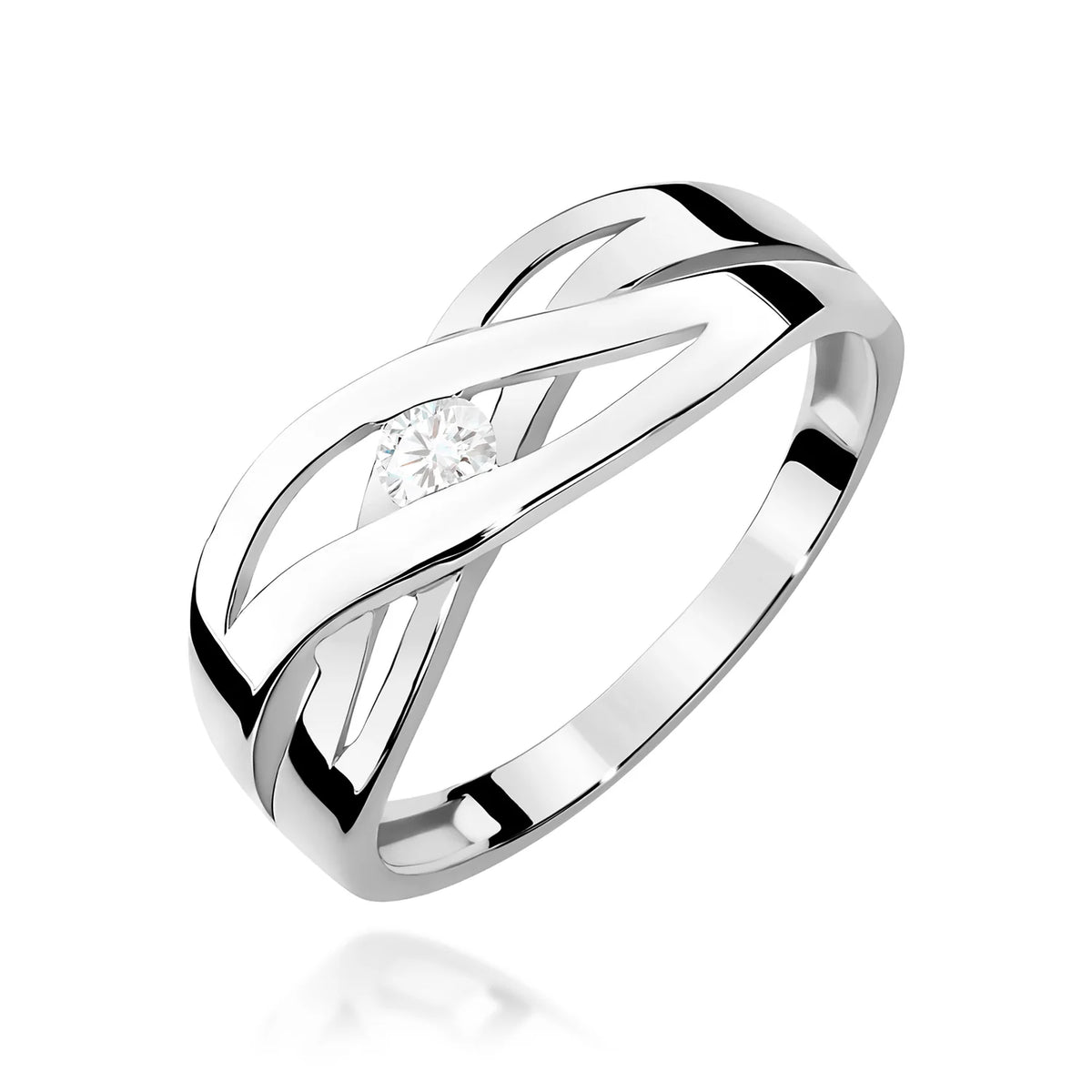 Prelamovaný prsteň z bieleho 14k zlata s okrúhlym diamantom 0,10 ct