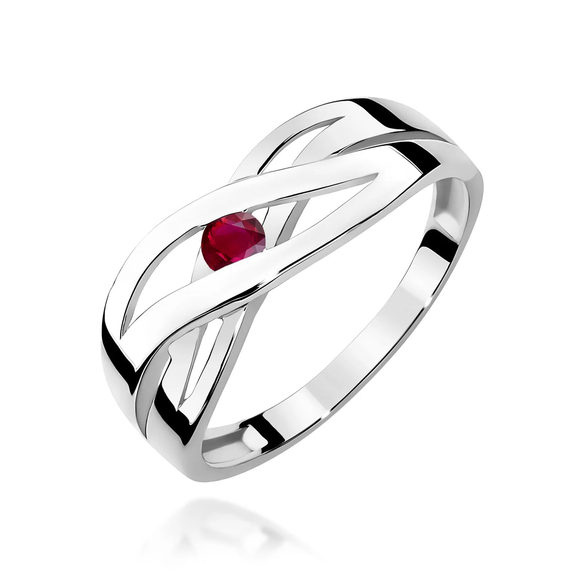 Prelamovaný prsteň z bieleho 14k zlata s okrúhlym rubínom 0,15 ct