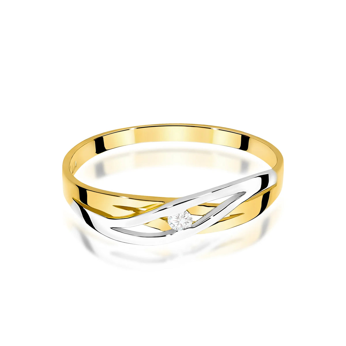 Prelamovaný prsteň zo žltého 14k zlata s okrúhlym diamantom 0,04 ct