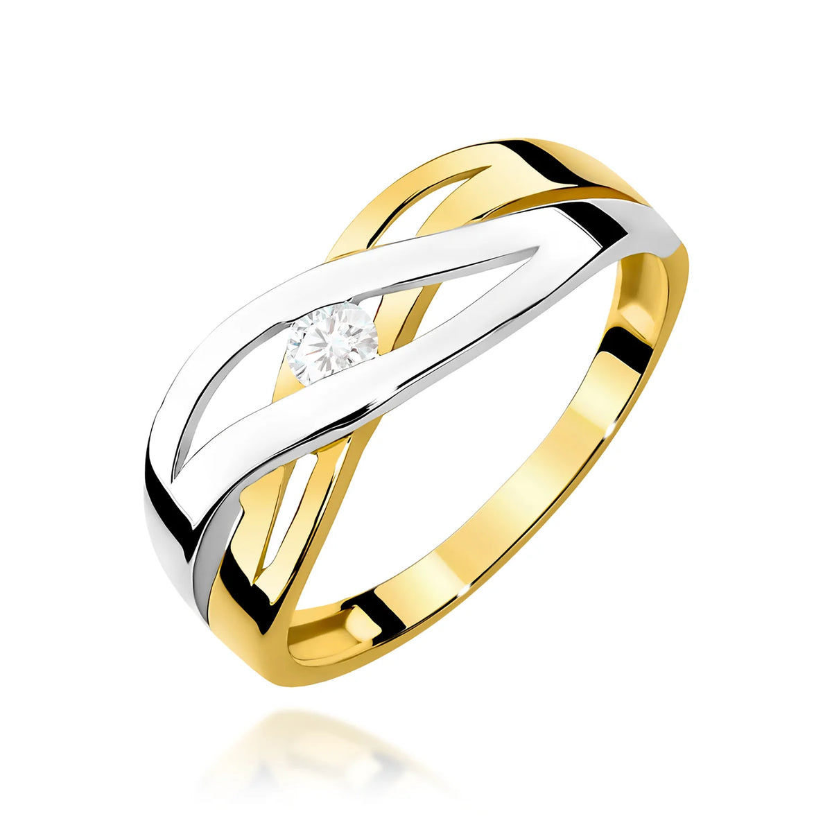 Prelamovaný prsteň zo žltého 14k zlata s okrúhlym diamantom 0,10 ct