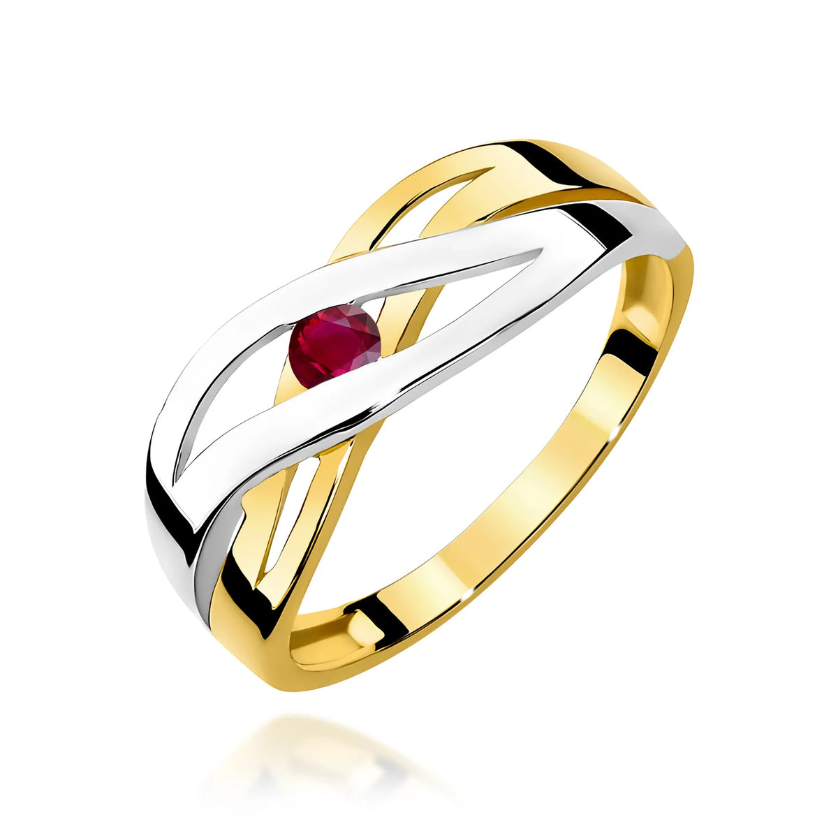 Prelamovaný prsteň zo žltého 14k zlata s okrúhlym rubínom 0,15 ct