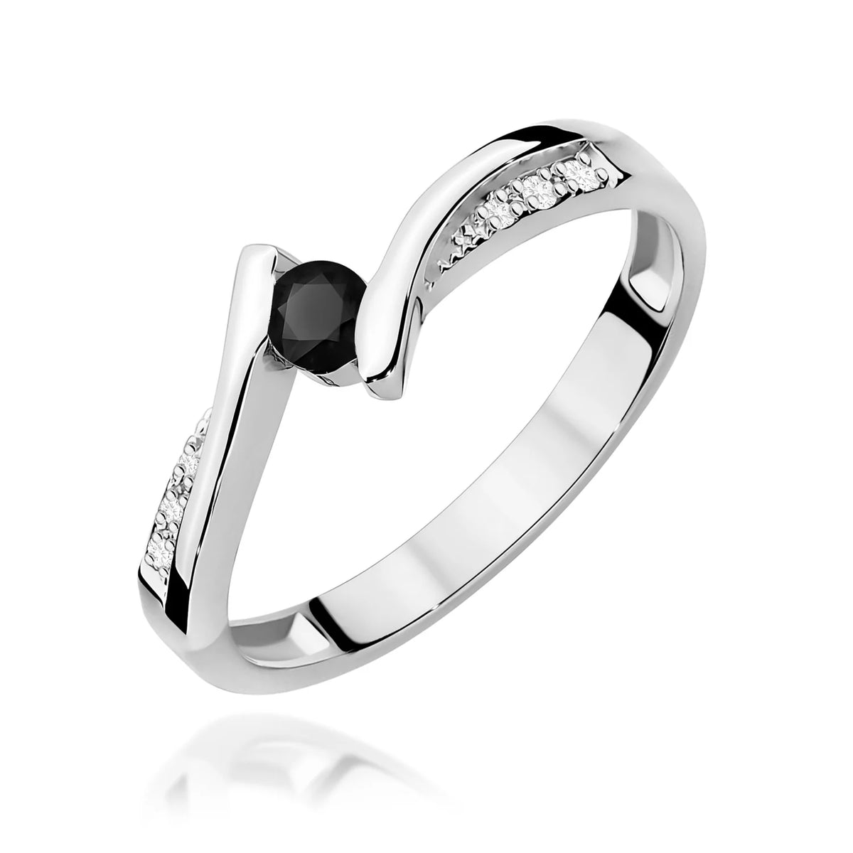 Prsteň s otvorenou obrúčkou z bieleho 14k zlata s čiernym diamantom 0,12 ct a 0,03 ct bielymi diamantmi
