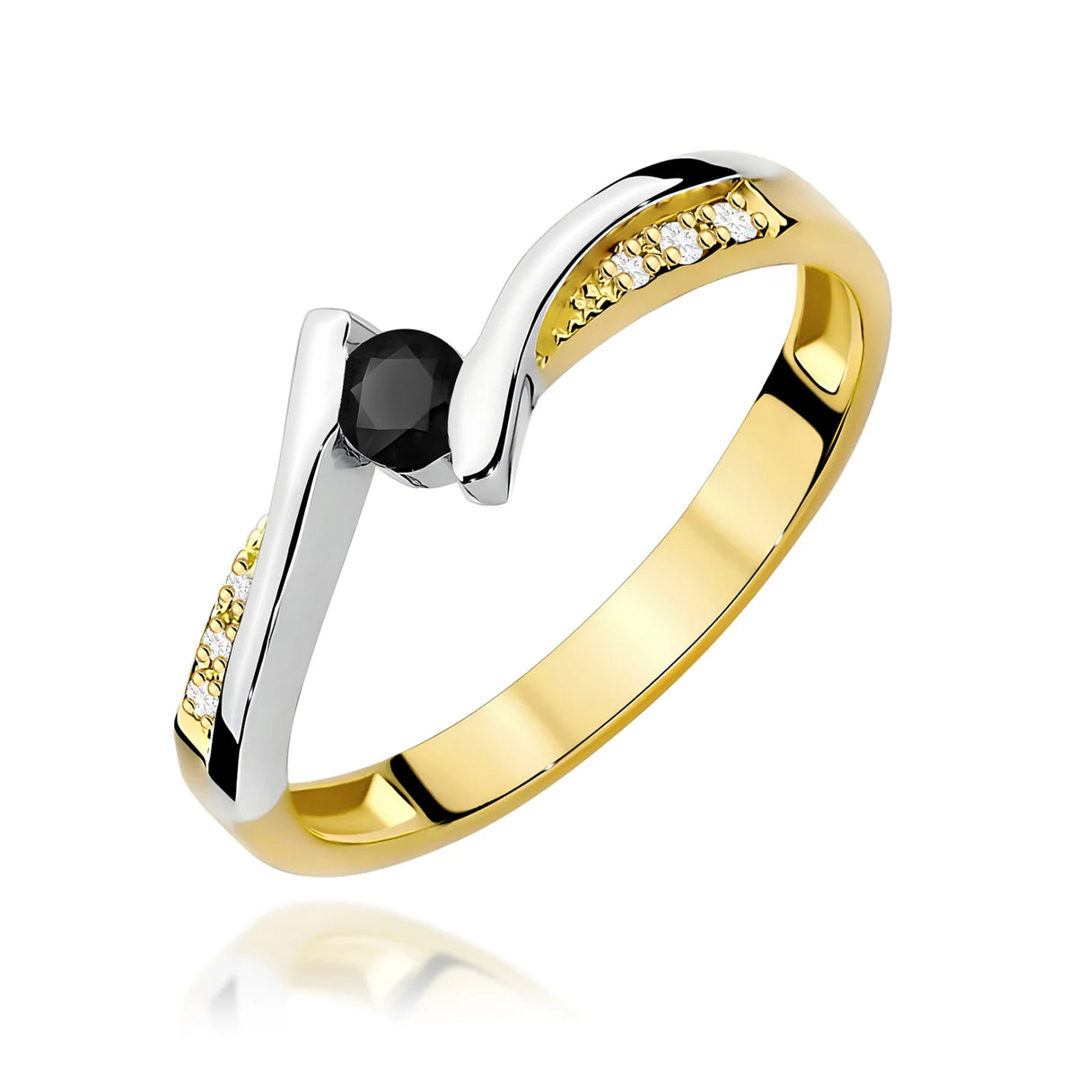 Prsteň s otvorenou obrúčkou zo žltého 14k zlata s čiernym diamantom 0,12 ct a 0,03 ct bielymi diamantmi